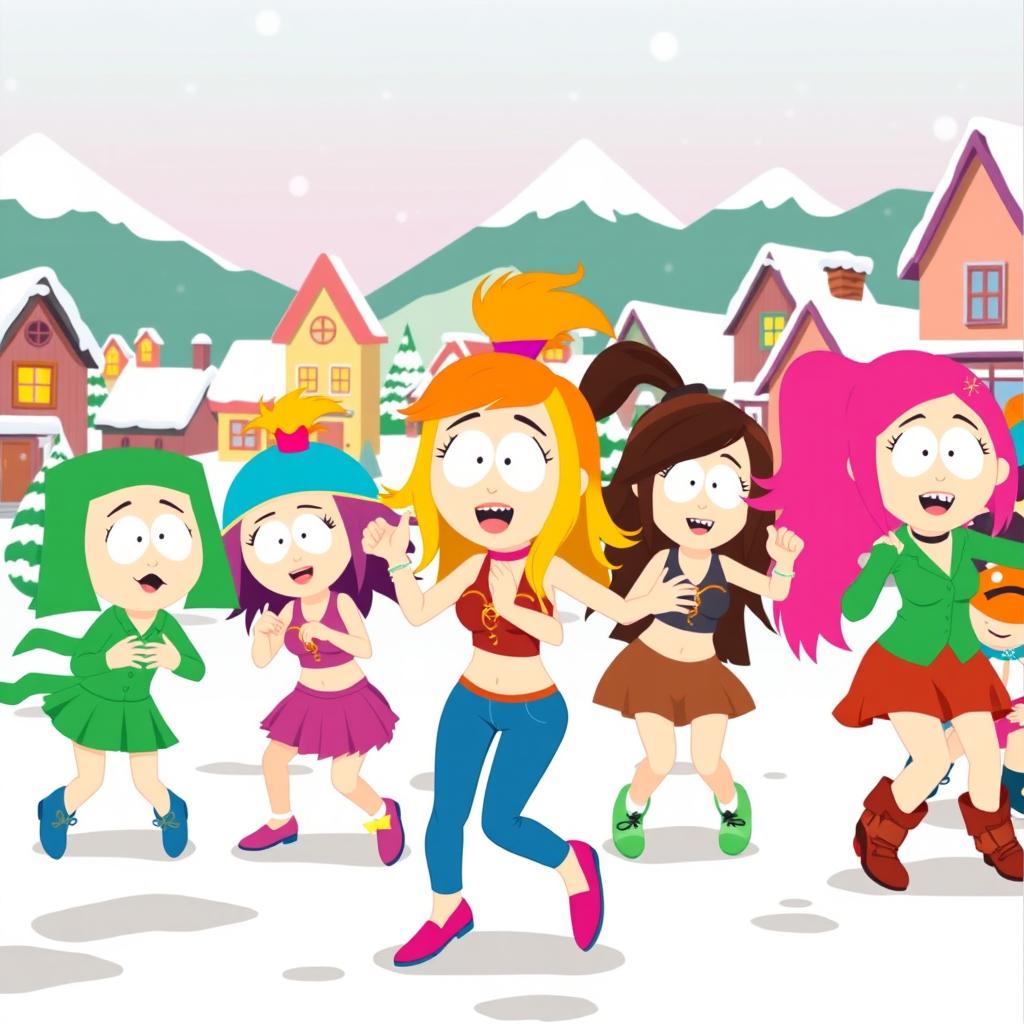 A vibrant and colorful scene inspired by the animated style of South Park, featuring a group of cartoon girls with exaggerated features and playful expressions dancing energetically