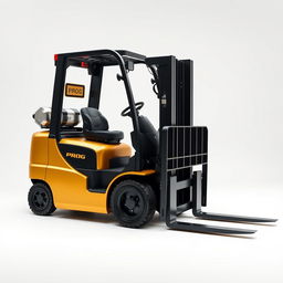 A battery-powered forklift designed in an eye-catching gold and black color scheme, boldly displaying the word 'PROG' on the side
