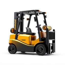 A battery-powered forklift designed in an eye-catching gold and black color scheme, boldly displaying the word 'PROG' on the side