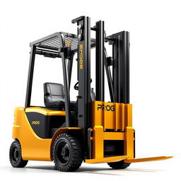 A battery-powered forklift designed in an eye-catching gold and black color scheme, boldly displaying the word 'PROG' on the side