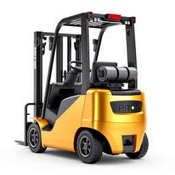 A battery-powered forklift designed in an eye-catching gold and black color scheme, boldly displaying the word 'PROG' on the side