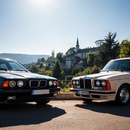 A captivating scene featuring a black BMW E38 and a beige Moskvich 412 parked side by side