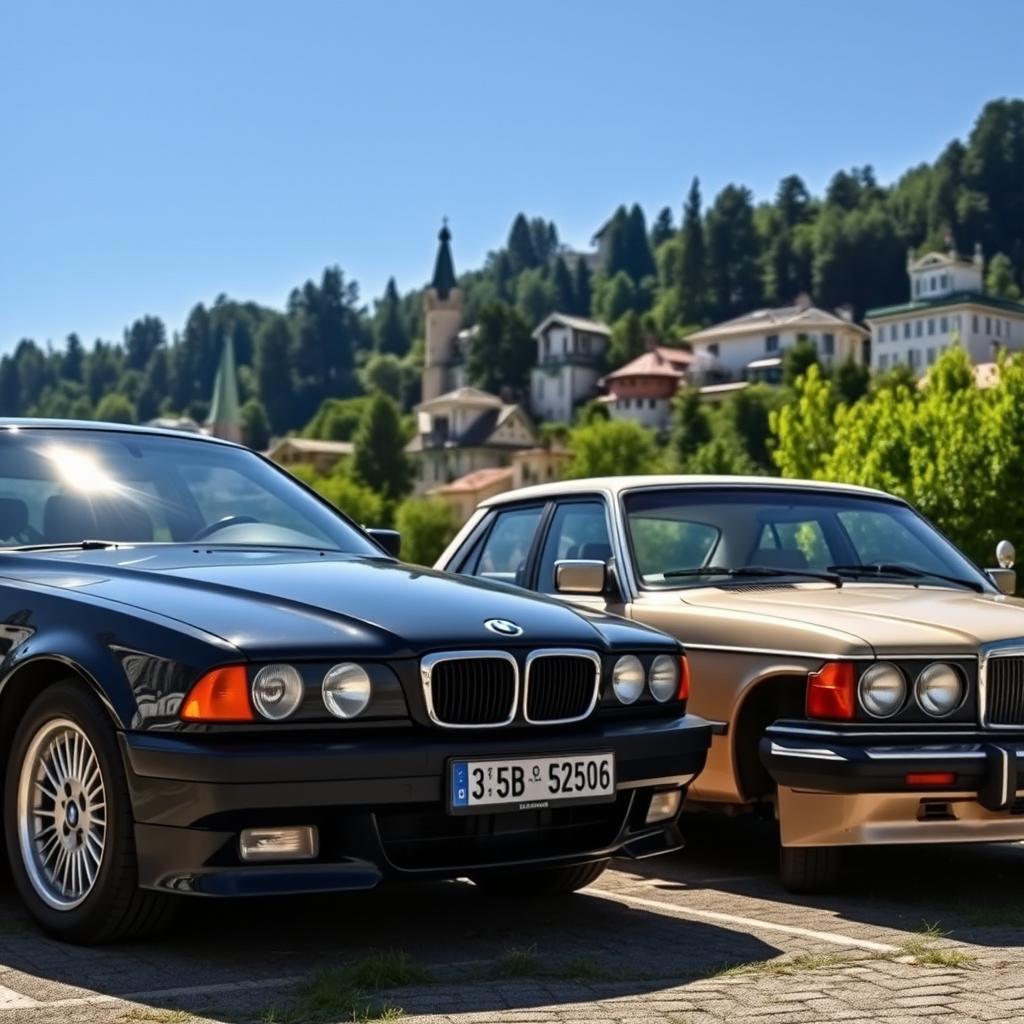 A captivating scene featuring a black BMW E38 and a beige Moskvich 412 parked side by side