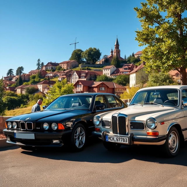 A captivating scene featuring a black BMW E38 and a beige Moskvich 412 parked side by side