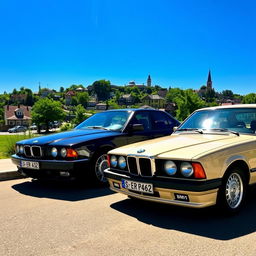 A captivating scene featuring a black BMW E38 and a beige Moskvich 412 parked side by side