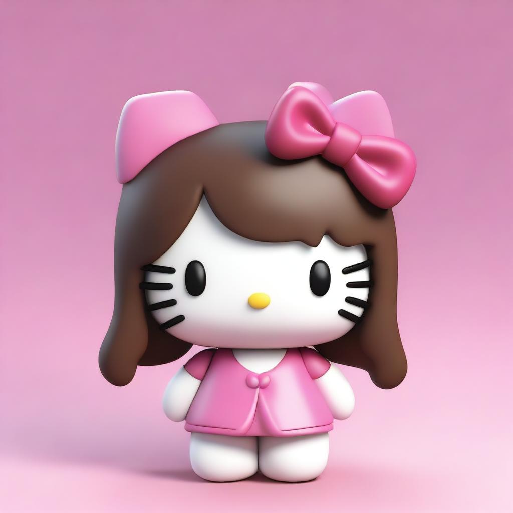 A 3D rendering of Hello Kitty with lush, long brown hair.