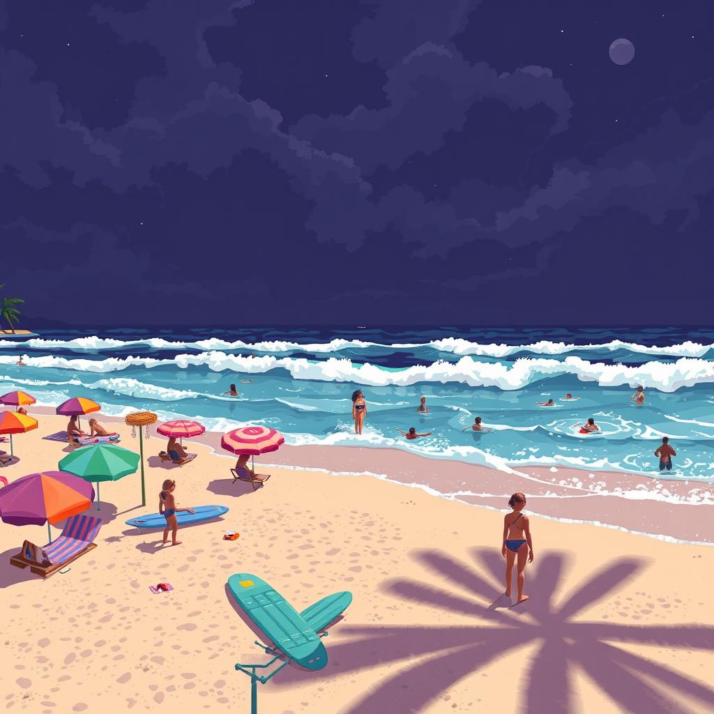 A pixel art scene depicting a beach summer in 1992 with a slightly dark atmosphere