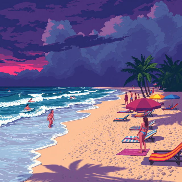 A pixel art scene depicting a beach summer in 1992 with a slightly dark atmosphere