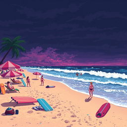A pixel art scene depicting a beach summer in 1992 with a slightly dark atmosphere