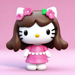 A 3D rendering of Hello Kitty with lush, long brown hair.