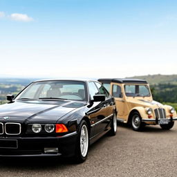 A stunning image showcasing a black BMW E38 and a beige IZH 412 parked together