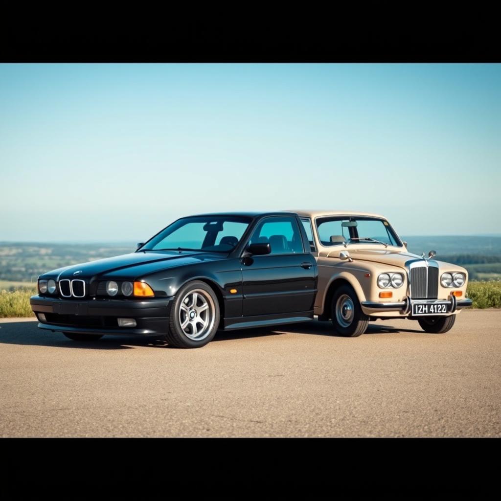 A stunning image showcasing a black BMW E38 and a beige IZH 412 parked together