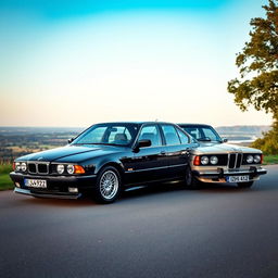 A stunning image showcasing a black BMW E38 and a beige IZH 412 parked together