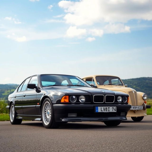 A stunning image showcasing a black BMW E38 and a beige IZH 412 parked together