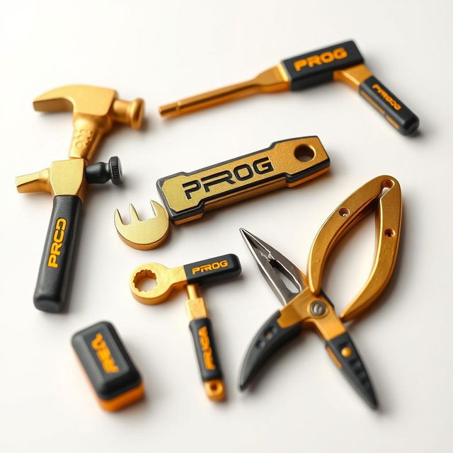 A collection of mini construction tools designed in an enticing gold and black color scheme, all prominently displaying the word 'PROG'