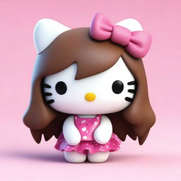 A 3D rendering of Hello Kitty with lush, long brown hair.