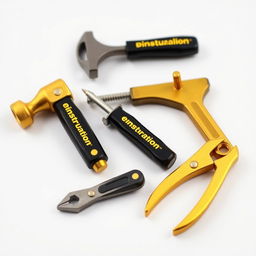 A collection of mini construction tools designed in an enticing gold and black color scheme, all prominently displaying the word 'PROG'