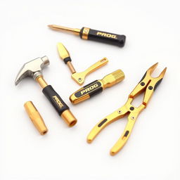 A collection of mini construction tools designed in an enticing gold and black color scheme, all prominently displaying the word 'PROG'