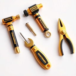 A collection of mini construction tools designed in an enticing gold and black color scheme, all prominently displaying the word 'PROG'