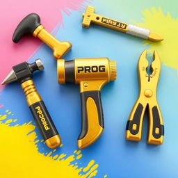 A playful collection of mini construction toys designed in an eye-catching gold and black color scheme, all featuring the word 'PROG'