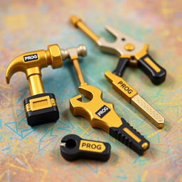 A playful collection of mini construction toys designed in an eye-catching gold and black color scheme, all featuring the word 'PROG'