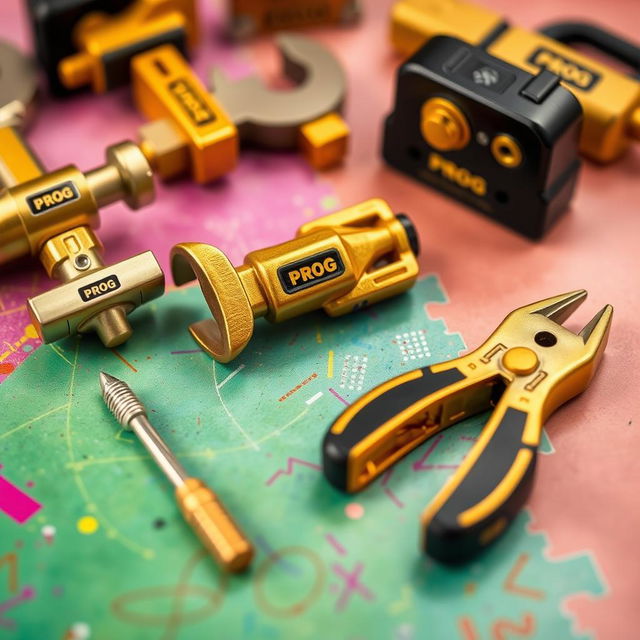 A playful collection of mini construction toys designed in an eye-catching gold and black color scheme, all featuring the word 'PROG'