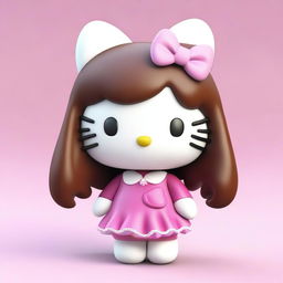 A 3D rendering of Hello Kitty with lush, long brown hair.