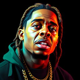 A hyper-realistic, full-body portrait of a hip-hop icon featuring a character resembling Lil Wayne, designed in vibrant, colorful polygon art