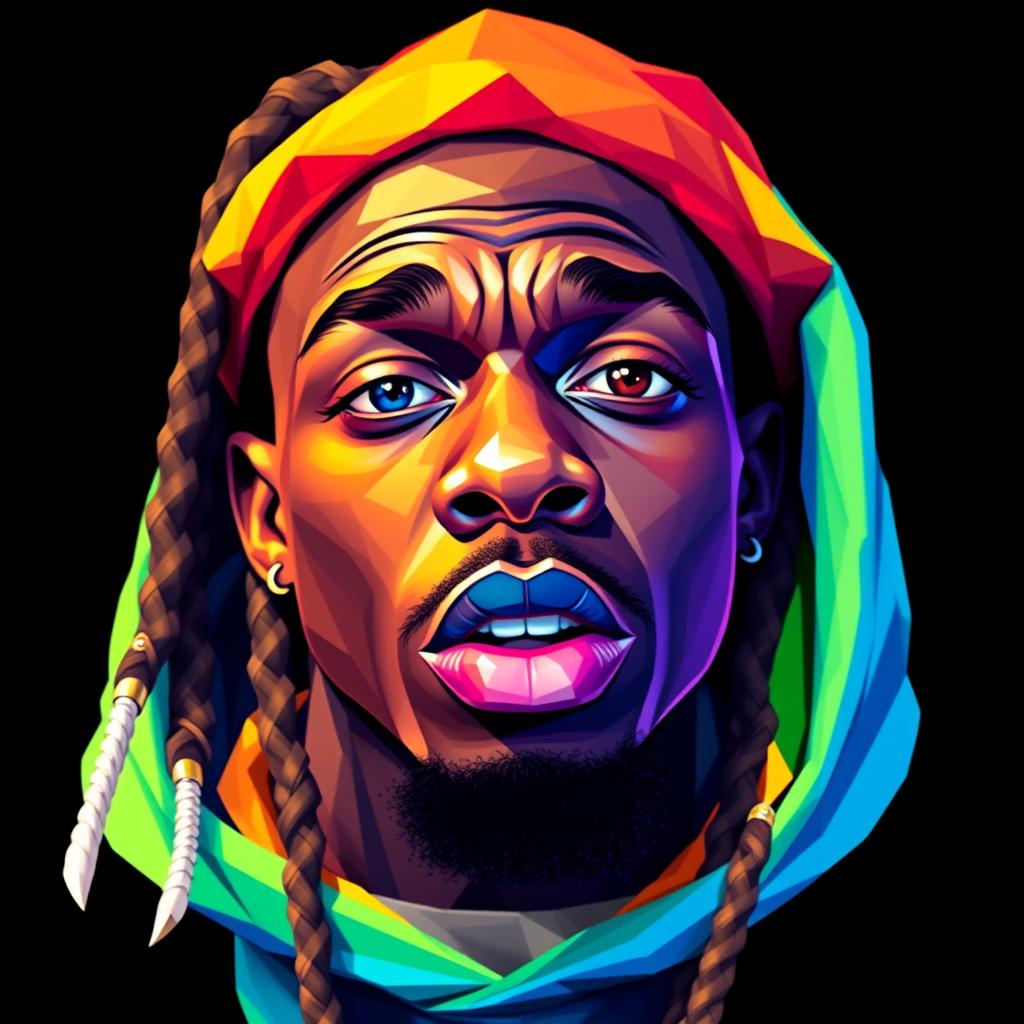 A hyper-realistic, full-body portrait of a hip-hop icon featuring a character resembling Lil Wayne, designed in vibrant, colorful polygon art