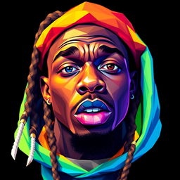 A hyper-realistic, full-body portrait of a hip-hop icon featuring a character resembling Lil Wayne, designed in vibrant, colorful polygon art