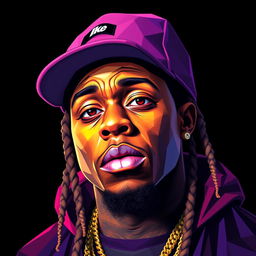 A hyper-realistic, full-body portrait of a hip-hop icon featuring a character resembling Lil Wayne, designed in vibrant, colorful polygon art