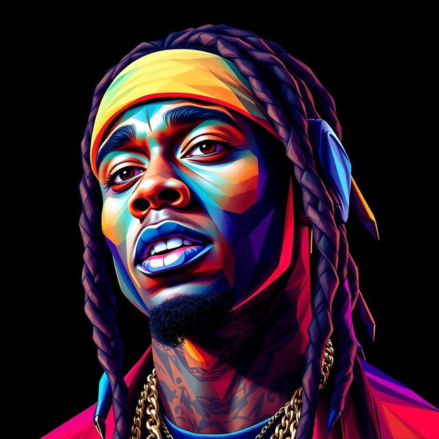 A hyper-realistic, full-body portrait of a hip-hop icon featuring a character resembling Lil Wayne, designed in vibrant, colorful polygon art