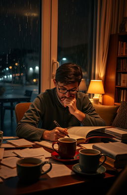 A thoughtful man wearing glasses, immersed in writing a book at night