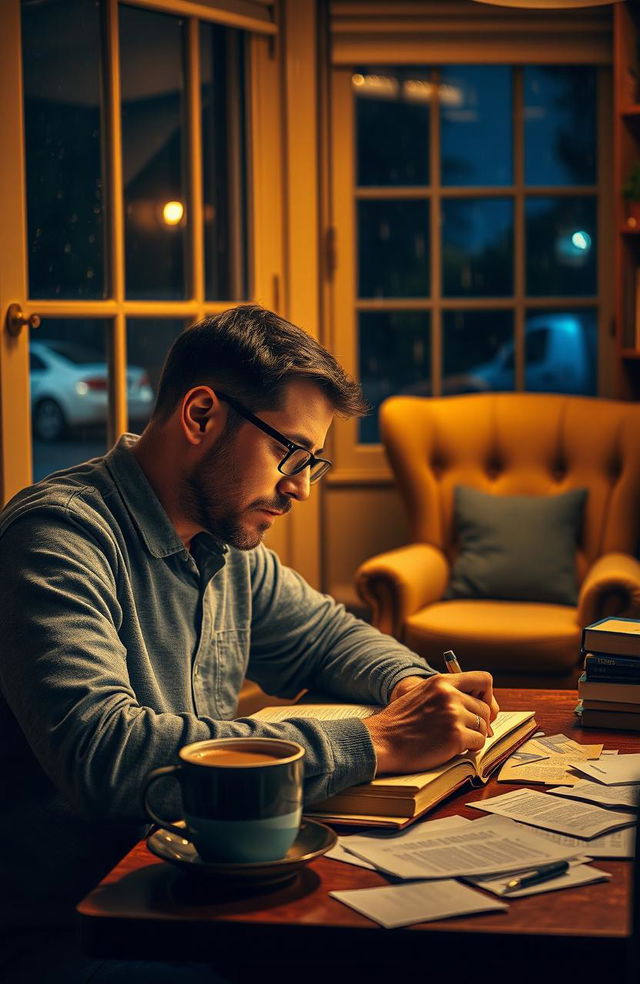 A thoughtful man wearing glasses, immersed in writing a book at night