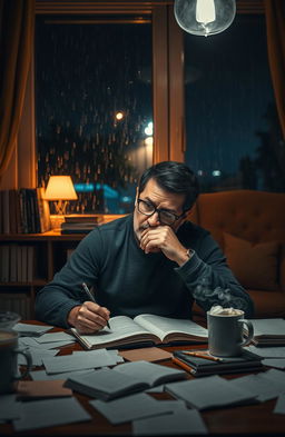A thoughtful man wearing glasses, immersed in writing a book at night