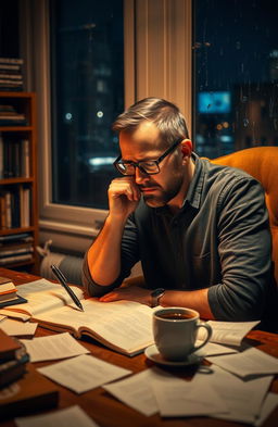 A thoughtful man wearing glasses, immersed in writing a book at night
