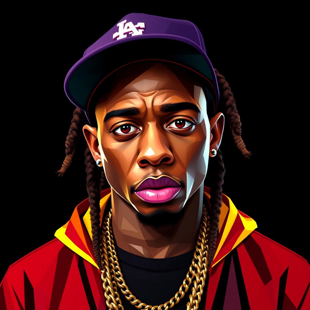 A hyper-realistic, full-body portrait of a hip-hop icon inspired by Lil Wayne, crafted in vibrant and colorful polygon art