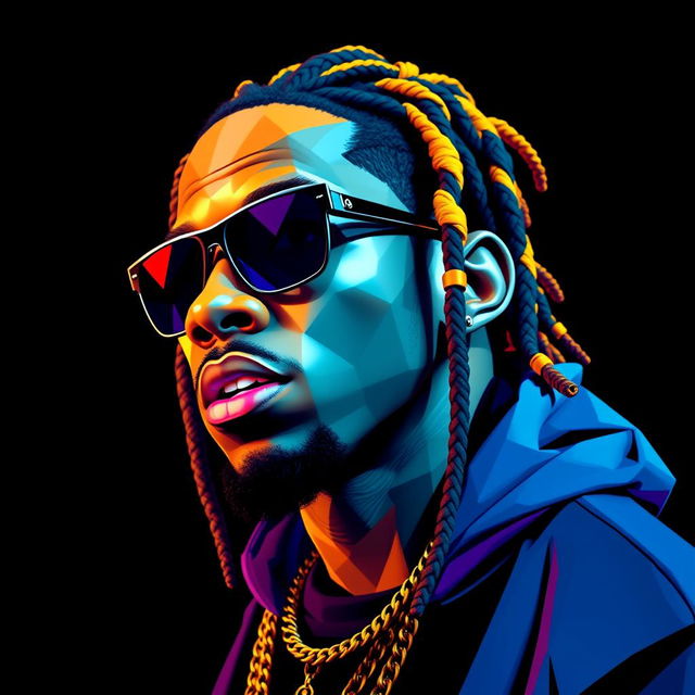 A hyper-realistic, full-body portrait of a hip-hop icon inspired by Lil Wayne, crafted in vibrant and colorful polygon art