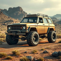A Moskvich 2140 car depicted in an off-road setting, featuring large tractor wheels designed for rugged terrain