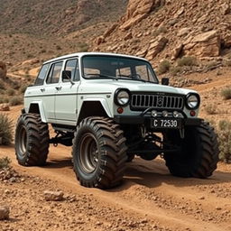 A Moskvich 2140 car depicted in an off-road setting, featuring large tractor wheels designed for rugged terrain