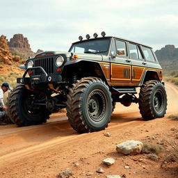 A Moskvich 2140 car depicted in an off-road setting, featuring large tractor wheels designed for rugged terrain