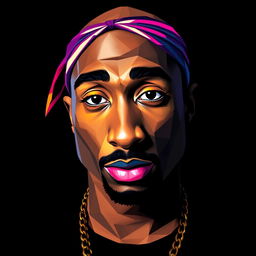 A hyper-realistic, full-body portrait of a hip-hop icon featuring a character resembling Tupac Shakur, created in vibrant, colorful polygon art