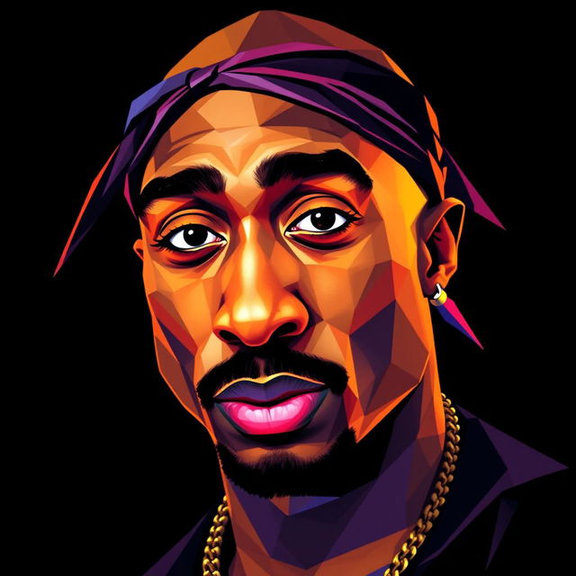 A hyper-realistic, full-body portrait of a hip-hop icon featuring a character resembling Tupac Shakur, created in vibrant, colorful polygon art