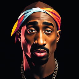A hyper-realistic, full-body portrait of a hip-hop icon featuring a character resembling Tupac Shakur, created in vibrant, colorful polygon art