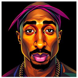 A hyper-realistic, full-body portrait of a hip-hop icon featuring a character resembling Tupac Shakur, created in vibrant, colorful polygon art
