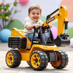 A joyful child smiling while riding a toy excavator designed in an appealing gold and black color scheme, proudly displaying the word 'PROG'
