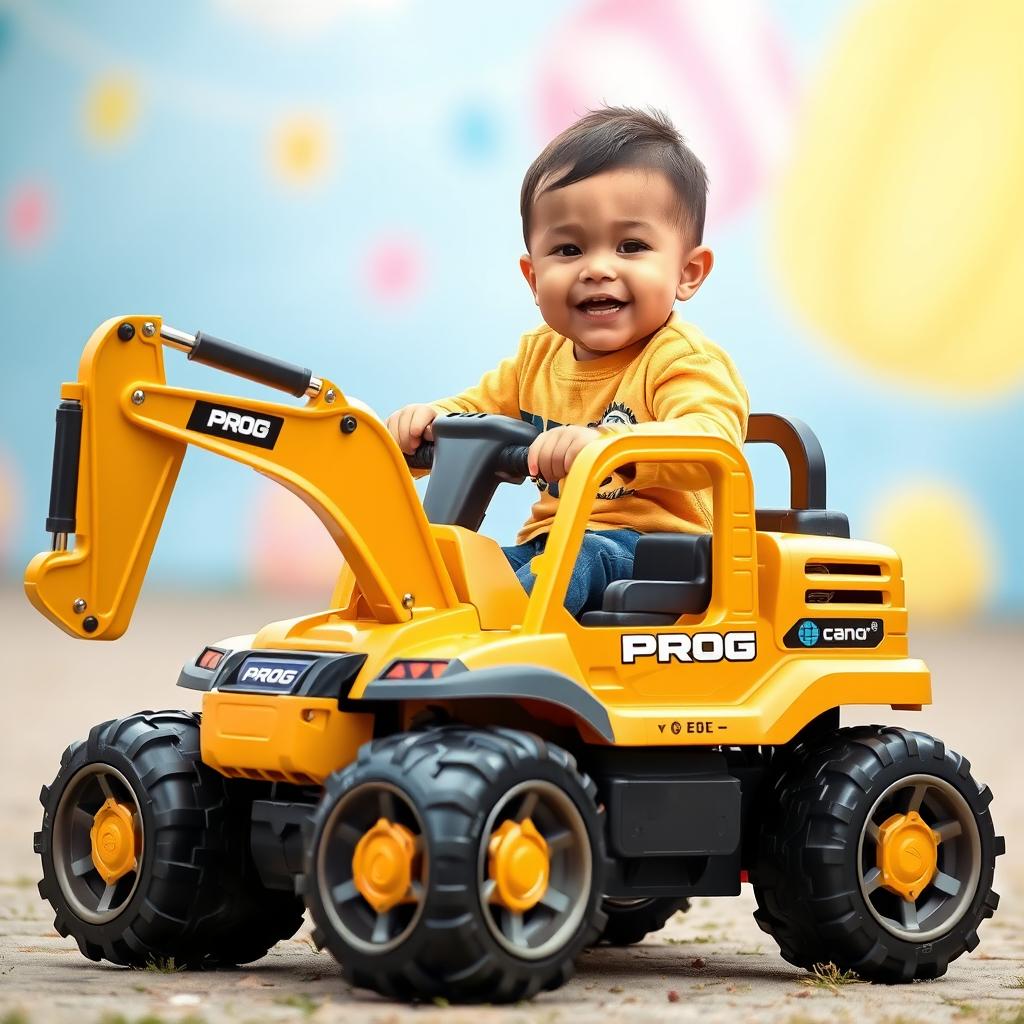 A joyful child smiling while riding a toy excavator designed in an appealing gold and black color scheme, proudly displaying the word 'PROG'