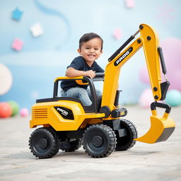 A joyful child smiling while riding a toy excavator designed in an appealing gold and black color scheme, proudly displaying the word 'PROG'