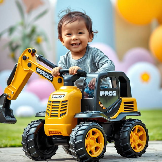 A joyful child smiling while riding a toy excavator designed in an appealing gold and black color scheme, proudly displaying the word 'PROG'