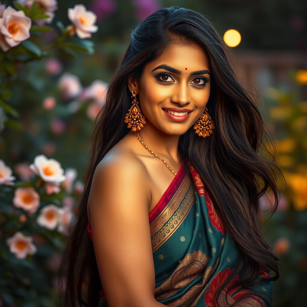 A stunning portrait of a beautiful Indian woman, elegantly draped in traditional fabric, showcasing intricate patterns and vibrant colors